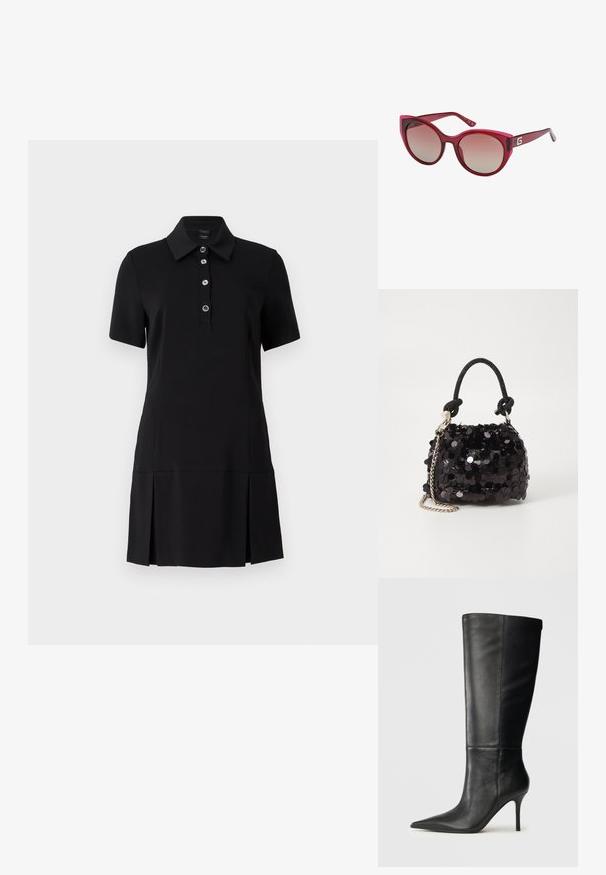 Rochie polo neagră, cu guler, mâneci scurte, placket cu cinci nasturi și fustă plisată. Realizată dintr-un material neted și elastic pentru confort.; Botă înaltă din piele neagră, cu vârf ascuțit și toc subțire, textură netedă, profil lateral pe un fundal neutru.; Ochelari de soare roșii cu lentile degradate, rame din plastic lucios și un accent distinctiv cu logo-ul „G” pe braț.; Geantă mini neagră cu paiete, cu un umar texturat înnodat și un lanț argintiu. Formă rotundă cu partea de sus adunată și detalii reflectorizante.