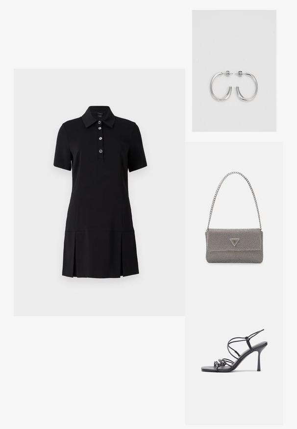 Juoda polo suknelė su apykakle, trumpomis rankovėmis, penkiomis mygtukų užsegimo, ir raukšlėta sijona. Pagaminta iš lygaus, tamprio medžiagos komfortui.; Juodos aukštakulnės sandalai pasižymi plonyčiais dirželiais su mazgo dizainu, lygiu kvadratiniu pirštu ir elegantišku stiletto kulnu.; Šviesiai pilka metalinė rankinė su grandinėlės dirželiu, papuošta mažais apvaliais metaliniais smeigėmis ir trikampiu prekės ženklu.; Sidabriniai lankelio formos auskarai su lygiu, blizgiu paviršiumi, išlenktos formos ir su užsegimu. Minimalistinio dizaino su moderniu apdaila.