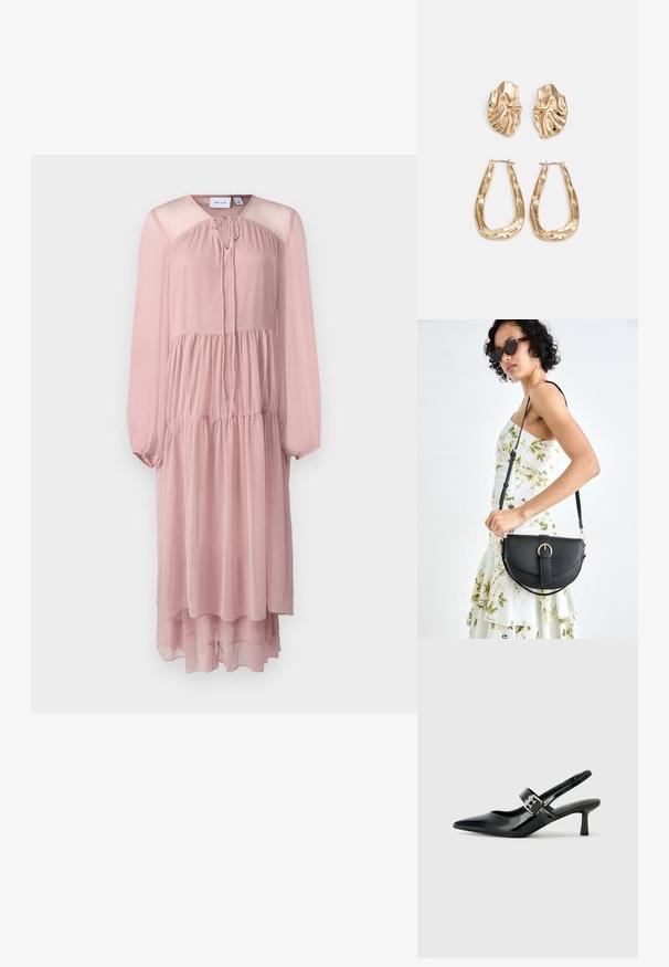 Langermet, lys rosa kjole laget av gjennomsiktig stoff. Har rund hals med bånd, samlet liv og lagdelt kant.; Svarte patent lær slingback hæler med spiss tå og en liten blokkheel, med en sølvspenne som detalj på stroppen.; Svart lærveske med en buet form, avtagbar stropp og gullbeslag. Vesken har et klaff med spenne-detall.; Gullfargede øredobber med teksturerte, bølgete former. Inkluderer skulpturelle klipsstuds og åpen hoop-design med en hamret finish.