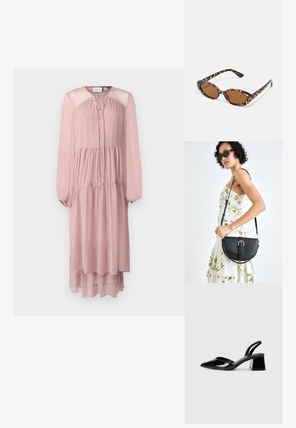 Rochie din material transparent, cu mâneci lungi, de culoare roz pal. Se remarcă printr-un guler rotund cu un șnur, talie strânsă și un tiv stratificat.; Pantofi cu toc slingback din piele lacuită neagră, cu vârf ascuțit și toc geometric. Prezintă un design elegant, minimalist și o textură netedă.; Ochelari de soare cu mâneri tortoise, cu lentile ovale, cu nuanță maro, brațe subțiri ce au un model texturat, cadru din plastic ușor.; Geantă din piele neagră, cu o formă curbată, curea detașabilă și accesorii aurii. Geanta are un capac cu un detaliu tip cataramă.