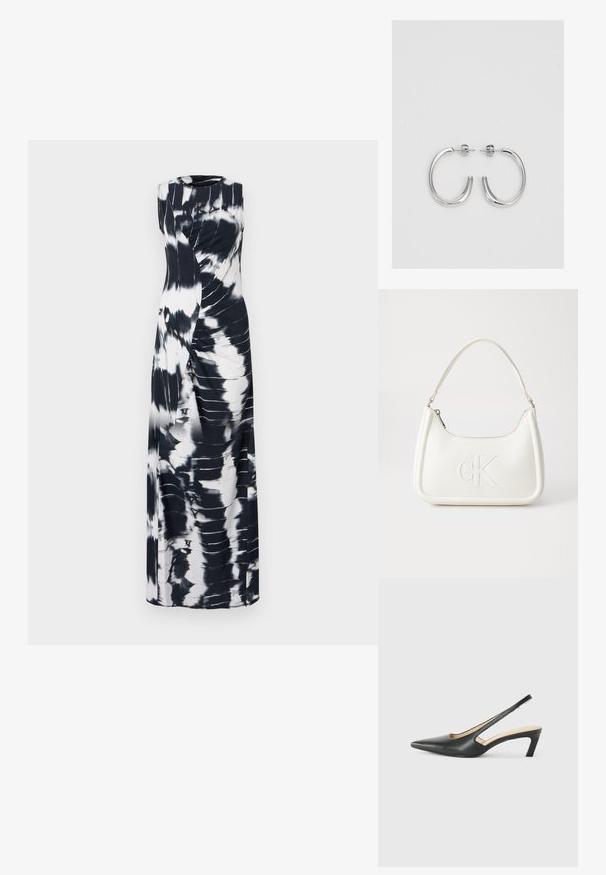 Dolga brezrokavna obleka v črno-belem barvnem prelivu z nabranimi detajli. Gladek material, okrogel izrez in dolžina do tal.; Črne čevlje s koničastimi nosovi in slingback obliko z nizko peto, izdelane iz gladke usnjene materiale ter s črtasto zasnovo na strani za prezračevanje.; Bela usnjena torbica s ukrivljeno obliko, ki na sprednji strani nosi vžgano logo "CK" in ima eno naramnico. Zadrga za zapiranje na vrhu.; Srebrne uhančke v obliki obroča z gladko, sijočo površino, ukrivljene oblike in zapiranjem na zatič. Minimalistična zasnova z modernim zaključkom.