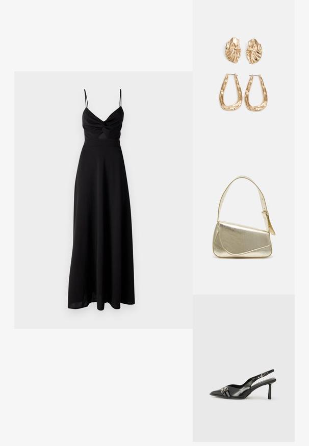 Juoda maksi suknelė su prigludusia liemene, suktuku prie krūtinės, plonomis spaghetti petnešėlėmis ir plačia sijonine dalimi. Pagaminta iš minkštos, lengvos medžiagos.; Juodas lakuotas odinis batelis su smailiu pirštu, kulkšnies dirželiais su sidabrinėmis sagtimis ir detalėmis, bei plonu kulnu.; Aukso metalinės rankinės su struktūrizuotu dizainu, lygaus paviršiaus ir reguliuojama dirželiu. Pasižymi unikaliu trikampiu pavidalu ir minimalizmu siuvinėjime.; Auksinės auskarai, turintys tekstūruotus, bangų formos elementus. Įeina skulptūriniai segami auskarai ir atviri lankai su išmuštu paviršiumi.