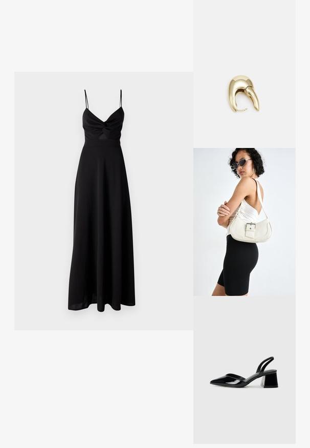 Črna maxi obleka z oprijetim trupom, zasukom na prsih, tankimi naramnicami in široko krilo. Narejena iz mehkega, lahkega materiala.; Črne lakirane slingback pete s koničastim nosom in geometrijsko blokasto peto. Imajo eleganten, minimalističen dizajn in gladko teksturo.; Bela usnjena torbica s ukrivljeno obliko, nastavljivim trakom in majhnim detajlom s sponko. Model nosi oprijet črno obleko.; Uhane nakit iz zlatastega tona z gladko, ukrivljeno zasnovo. Ima edinstveno koničasto obliko, polirano površino in zaponko s tečajem.