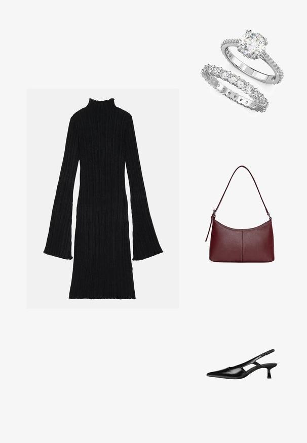 Robe noire côtelée avec un col montant et des manches évasées. Le tissu présente un motif texturé et vertical. L'ourlet est légèrement festonné.; Escarpins slingback en cuir verni noir avec un bout pointu, un design découpé sur les côtés et un petit talon carré. Texture lisse avec des accents minimaux.; Sac à main en cuir bordeaux avec une forme arrondie, une bandoulière unique et des coutures au centre. Texture lisse, matériel minimal.; Bague de fiançailles en or blanc avec un centre rond et une bande assortie ornée de plusieurs petites pierres.