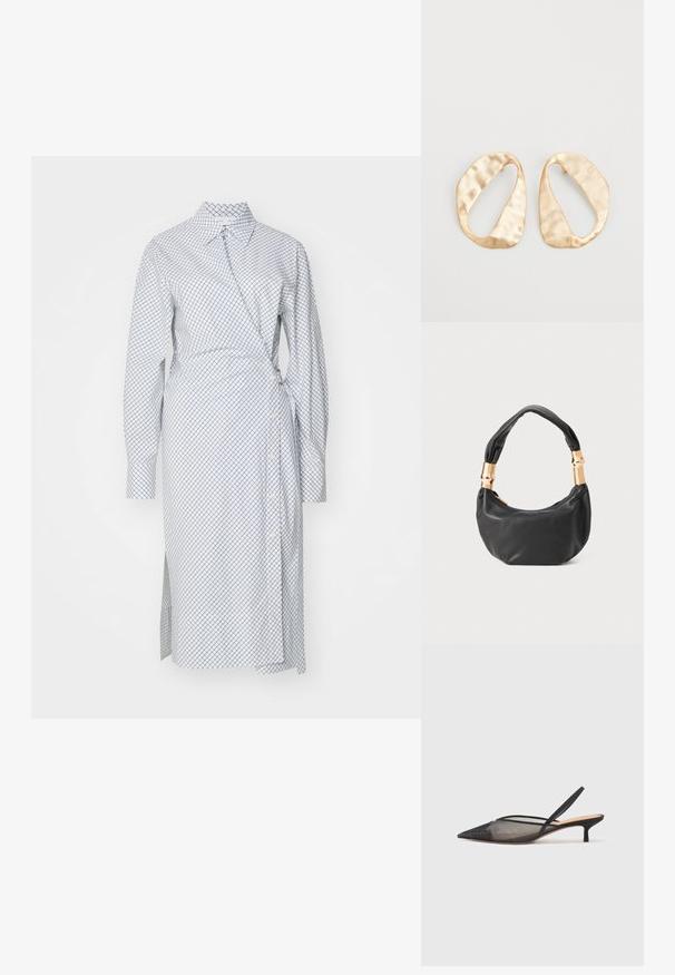 Długo rękawowa sukienka w białym materiale z niebieskim wzorem w geometryczną siatkę. Posiada zapięcie na guziki, kołnierzyk oraz boczne rozcięcie.; NEOUS IRENA czarny; Czarna skórzana torebka o okrągłym kształcie, miękkiej fakturze i wiązanym uchwycie z akcentami w złotym odcieniu. Zamek błyskawiczny.; Para nieregularnych, owalnych kolczyków ze złotego metalu o teksturowanej, lekko młotkowanej powierzchni na białym tle.