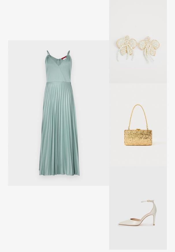 Ilga, raukšlėta suknelė šviesiai žalia spalva, su reguliuojamomis petnešomis ir giliu V formos iškirpte. Pagaminta iš lygaus audinio, turinčio lengvą tekstūrą.; Balti odiniai aukštakulniai batai su smailiu priekiniu galu, kulkšnies dirželiu ir siauru stiletu. Lygi tekstūra su subtiliu blizgiu paviršiumi.; Auksinė blizgučių rankinė, stačiakampio formos, su susuktos grandinėlės rankena ir metaliniu užsegimu, atspindinti šviesą su tekstūruotu paviršiumi.; Perlo gėlių auskarai su auksiniais akcentais. Kiekviena žiedlapio dalis puošia mažos, apvalios perlo formos, išdėstytos gėlių raštu, su nukarusiais perlų akcentais.