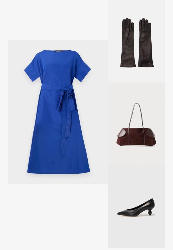 Sininen puuvillamekko, jossa on lyhyet hihat, pyöreä kaula-aukko ja sidottu vyötärö. A-linjainen siluetti, sileä rakenne, polvipituinen helma. Ei kuvioita tai yksityiskohtia.; Musta nahkakengät korkealla korolla, joissa on terävä kärki ja pyöreä, pallomainen korko. Sileä pinta ja tyylikäs, minimalistinen muotoilu.; Ruskea mokkavuori laukku nahkaakkosilla, jämäkkä muoto, kaksinkertaiset olkahihnat ja pyöristetyt reunat, joissa on sileä pinta ja minimaalinen varustus.; WEEKEND MaxMara SENAPE - Sormikkaat - nero; Kultainen sormus, jossa on kruunusuunnittelu hevosenkenkämuodossa, koristeltuna pienillä kirkkailla jalokivillä, valkoisella taustalla.