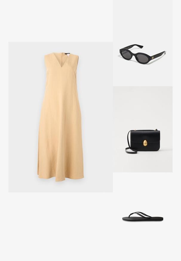 Mouwloze jurk met V-hals van lichtbeige linnen stof, met een rechte silhoeet en een subtiele A-lijn vorm met een zoom onder de knieën.; Zwarte flip-flop met een gestructureerde rubberen zool, twee slanke banden en een subtiele, ingedrukte logo-detail op de band.; Zwarte ovale zonnebril met donkere glazen en een glanzend kunststof frame. Heeft een gouden logo op de poot, dat een strakke en moderne uitstraling biedt.; Zwarte leren handtas met een gestructureerde rechthoekige vorm. Voorzien van een gouden ovale sluiting en een dunne schouderband. Glad van textuur.