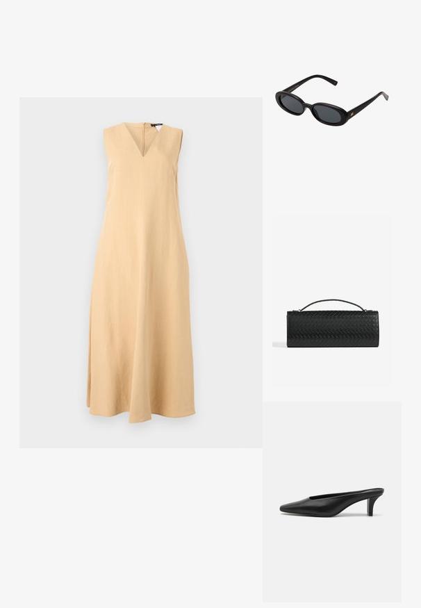 Robe sans manches, décolleté en V en lin beige clair, présentant une silhouette droite et une forme subtile en A avec un ourlet en dessous des genoux.; Mules en cuir noir à bout pointu avec un petit talon stiletto. Texture lisse, design minimaliste et dos ouvert pour un enfilage facile.; Lunettes de soleil noires surdimensionnées avec des verres ovoïdes, monture en plastique lisse et accents dorés sur les tempes. Les verres sombres offrent une protection contre le soleil.; Pochette en cuir tressé noir de forme rectangulaire, avec une fine poignée et de subtils accents en matériel doré.