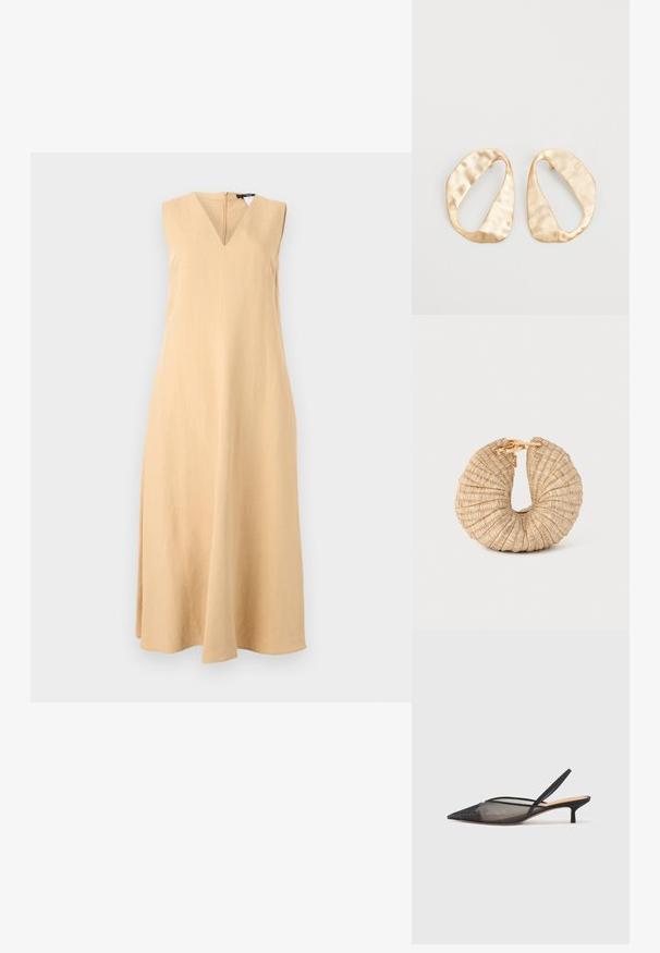 Ärmelloses V-Ausschnitt-Kleid aus leichtem beigen Leinenstoff, mit gerader Silhouette und einem subtilen A-Linien-Schnitt, dessen Saum unterhalb der Knie endet.; NEOUS IRENA - Pumps - black; Cult Gaia UBAH - Clutch - wheat; Ein Paar unregelmäßige, oval geformte Ohrringe aus goldfarbenem Metall mit einer strukturierten, leicht gehämmerten Oberfläche auf weißem Hintergrund.
