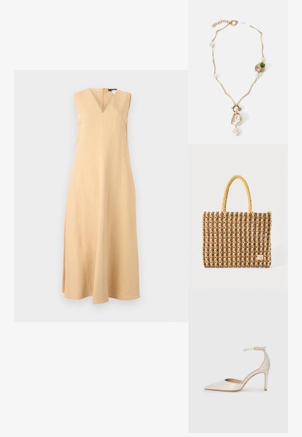 Bežinė suknelė be rankovių, su V formos iškirpte, pagaminta iš lino audinio, turinti tiesią siluetą ir švelnią A formos struktūrą, su kelnių ilgio apvadu.; Balti odiniai aukštakulniai batai su smailiu priekiniu galu, kulkšnies dirželiu ir siauru stiletu. Lygi tekstūra su subtiliu blizgiu paviršiumi.; Ruda ir geltona audinio rankinė, turinti stačiakampį formą, dvi rankenas ir tekstūruotą paviršių su matomais siūlėmis bei prekių ženklu.; Auksinės spalvos apyrankė su susuktomis grandinėmis, baltais perlais ir žaliuoju akmeniu. Pasižymi sudėtingais detalėmis ir užsegimu.