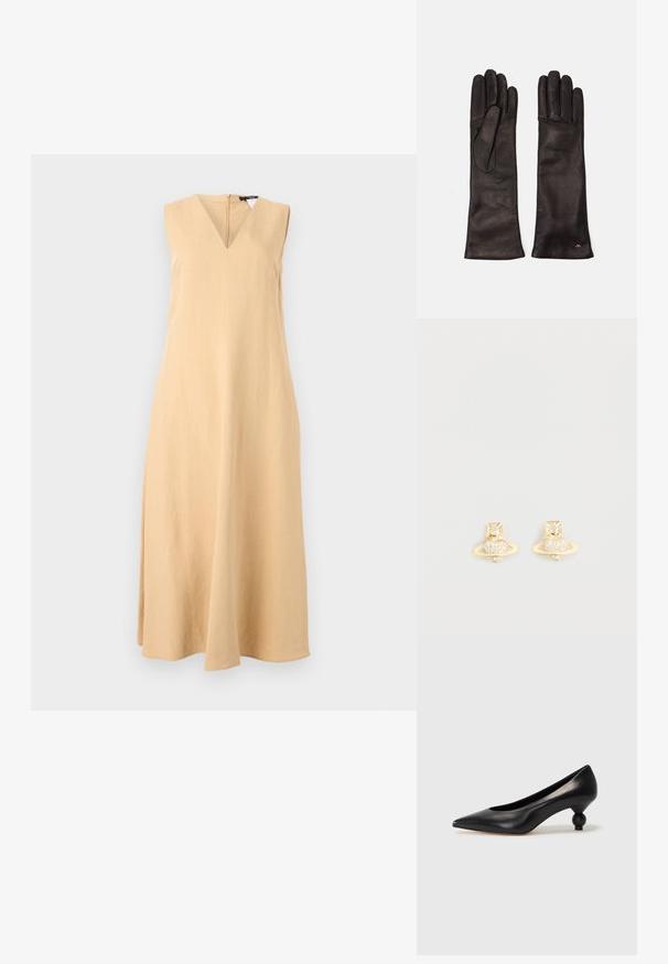 Sleeveless, V-neck dress in light beige linen fabric, featuring a straight silhouette and a subtle A-line shape with a hemline below the knees.; Black leather high heel shoe with a pointed toe and a round, balled heel. Smooth texture with a sleek, minimal design.; Weekend Max Mara SENAPE - Gloves - nero; Gold-tone stud earrings featuring a Saturn design with a textured band and embedded circular crystals for added sparkle.