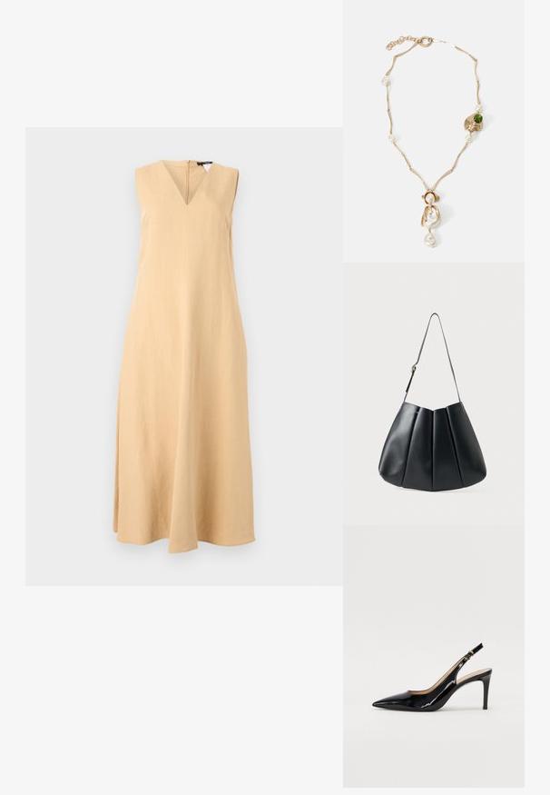 Sukienka bez rękawów, z dekoltem w kształcie litery V, wykonana z jasnego lnianego materiału. Charakteryzuje się prostą sylwetką i subtelnym krojem w kształcie litery A, z długością spódnicy poniżej kolan.; Czarne lakierowane szpilki typu slingback z szpiczastym noskiem, smukłym obcasem i subtelnym wycięciem. Posiadają złotą klamrę na pasku.; Czarna skórzana torba na ramię z plisowanym wzorem, gładką powierzchnią, pojedynczym paskiem i subtelnym złotym akcentem.; Złota naszyjnik z splotami, białymi perłami i akcentem zielonego kamienia. Posiada skomplikowane detale oraz zapięcie do zamykania.