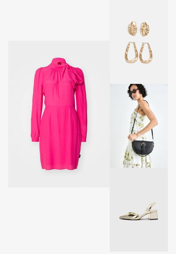 Fuksia roosa kleit pikkade varrukatega, kokku pandud kaeluse ja paela aktsendiga õlal. Valmistatud kerge kangast.; Kuldne, metallilised slingback-kudumid terava varba ja paksu kontsaga. Sile tekstuur, minimalistlik disain ja kitsas rihm.; Mustmust mustraha kõverate joontega, eemaldatava rihmaga ja kuldsete detailidega. Kotil on klapp, millel on pandladetail.; Kuldse värvi kõrvarõngad, mis on kaunistatud tekstuursete ja laineliste kujunditega. Komplektis on skulpturaalsed klamber kõrvarõngad ja avatud rõngasdisain, millel on lõhestatud viimistlus.
