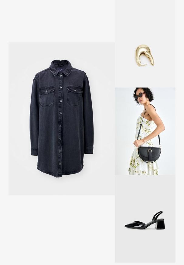 Mørk denimskjorte med krage, lange ermer, frontknapper og to brystlommer. Har en litt løs passform og buet nederkant.; Svarte patentlær slingback hæler med spiss tå og geometrisk blokk hæl. Har et stilrent, minimalistisk design og jevn tekstur.; Svart lærveske med en buet form, avtagbar stropp og gullbeslag. Vesken har et klaff med spenne-detall.; Gullfarget metalløredobber med et elegant, buet design. Har en karakteristisk spiss form, polert overflate og hengsel-lukking.