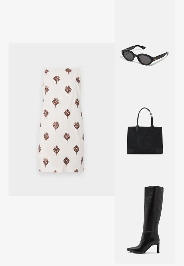 Hvit kjole laget av lett stoff, med et mønster av gjentatte brune blomstermotiv, med tynne skulderstropper og rett snittdesign.; Knæhøye svarte skinnstiletto støvler med spiss tå og glatt tekstur. Hælen er i blokkstil, noe som gir stabilitet til designet.; Sorte ovale solbriller med mørke linser og blank plastramme. Har gulllogo på stengene, og tilbyr et elegant og moderne design.; Svart totebag laget av stoff, med en fremtredende preget logo i et sirkulært design. Glatt tekstur med kontrasterende lærdetaljer.