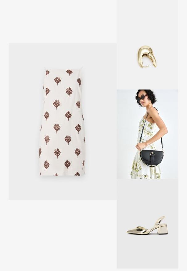 Hvit kjole laget av lett stoff, med et mønster av gjentatte brune blomstermotiv, med tynne skulderstropper og rett snittdesign.; Gull, metallisk slingback-hæler med spiss tå og chunky hæl. Glatt tekstur, minimalistisk design og en smal stropp.; Svart lærveske med en buet form, avtagbar stropp og gullbeslag. Vesken har et klaff med spenne-detall.; Gullfarget metalløredobber med et elegant, buet design. Har en karakteristisk spiss form, polert overflate og hengsel-lukking.