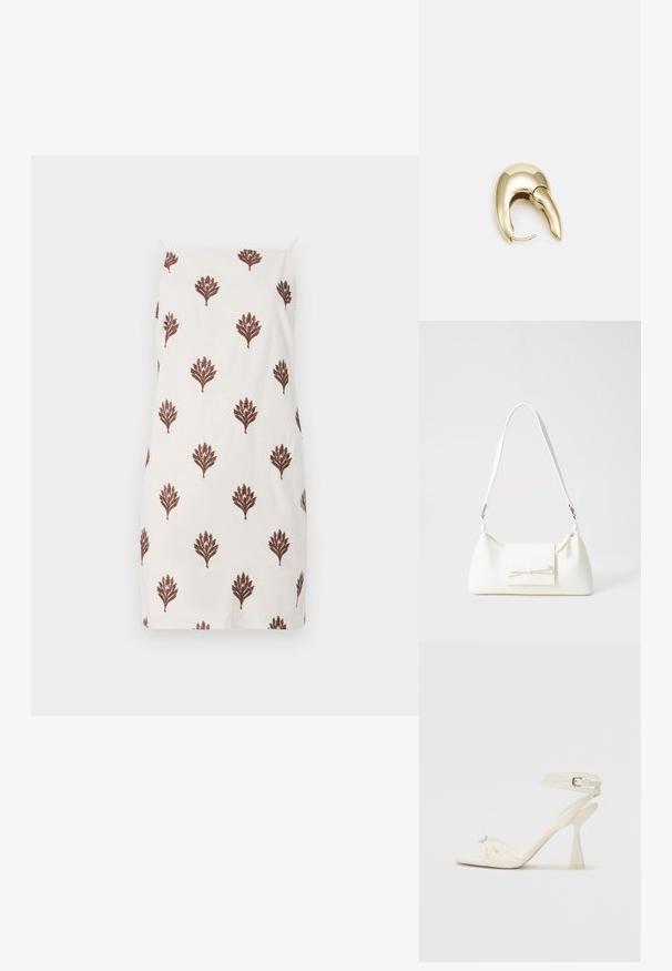 Biele šaty vyrobené z ľahkej látky, s opakujúcim sa vzorom hnedých kvetinových motívov, tenkými ramienkami a rovnou strihovou konštrukciou.; Biele kožené sandále na vysokom podpätku s pásikmi, elegantným dizajnom, priehľadným blokovým podpätkom a dekoratívnym prvkom na špičke.; Biela syntetická kabelka s trojuholníkovým tvarom, plochým predným klapkou a detailom mašle, nastaviteľným popruhom, hladkou textúrou a minimalistickým dizajnom.; Náušnice z kovu v zlatej farbe s elegantným, zakriveným dizajnom. Majú charakteristický špicatý tvar, leštený povrch a uzáver na pánt.