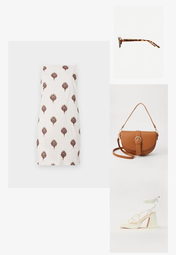 Biele šaty vyrobené z ľahkej látky, s opakujúcim sa vzorom hnedých kvetinových motívov, tenkými ramienkami a rovnou strihovou konštrukciou.; Biele sandále na vysokom opätku s hrubým podpätkom, s pruhovaným dizajnom a viazaním na členku. Hladký povrch s platformou vpredu pre zvýšenú výšku.; Slnkové okuliare v korytnačkovom vzore s hrubým rámom, mierne zakrivenými stranami a hladkým povrchom. Majú klasický dizajn s lesklým povrchom.; Hnedá kožená kabelka cez telo s zakriveným tvarom, zlatými kovovými doplnkami a akcentom s prackou. Obsahuje odnímateľný ramenný popruh.