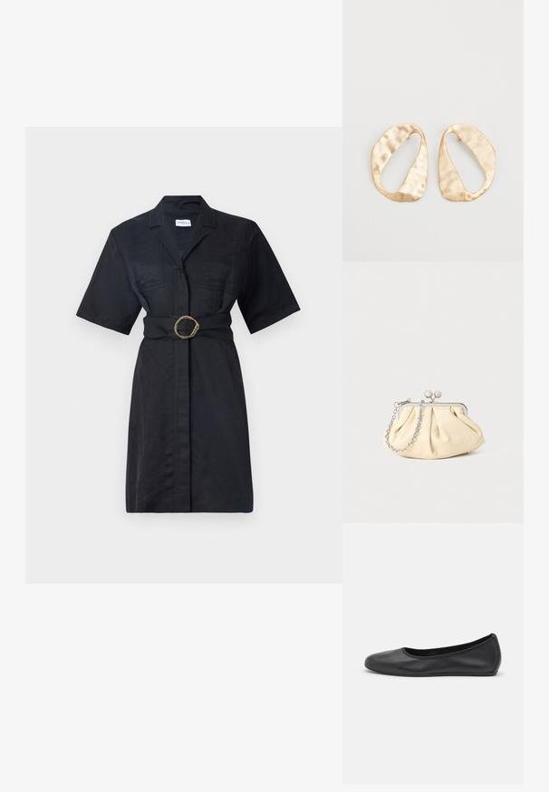Černé šaty ve stylu košile s krátkým rukávem, předními kapsami, opásaným pasem se zlatým propleteným kroužkem a zapínáním na knoflíky.; Černé kožené baletní byty s kulatou špičkou, hladkou texturou, minimálními švy a flexibilním designem podrážky.; Plisovaná béžová kožená kabelka na psaní s rámem ze stříbrného kovu, vybavená dvěma kulatými dekorativními uzávěry a stříbrným řetízkem.; Pár nepravidelných oválných náušnic z kovu pozlaceného zlatem s texturovaným, mírně kladivkovým povrchem na bílém pozadí.