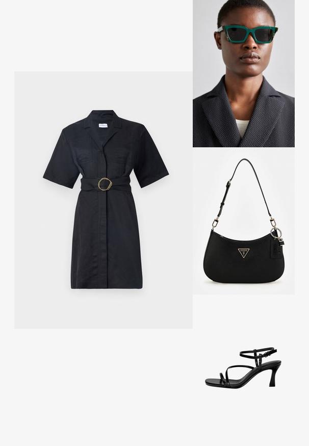 Schwarzes Hemdkleid mit kurzen Ärmeln, vorderen Taschen, einem taillierten Design mit einem goldfarbenen, gedrehten Ring und einer Knopfverschluss. ; Schwarze Leder-Sandalen mit Absatz, ausgestattet mit dünnen Riemen, einer quadratischen Zehenpartie und einem Stiletto-Absatz. Verstellbarer Knöchelriemen für eine optimale Passform. Glatte Textur.; Grüne und gemusterte Sonnenbrille mit einem geometrischen Rahmen; dunkle Gläser; das Model trägt ein strukturiertes schwarzes Sakko über einem hellen Oberteil.; Schwarze synthetische Schultertasche mit geschwungenem Silhouette, strukturiertem Finish, goldenem Dreiecks-Logo und abnehmbaren Hardware-Akzenten.