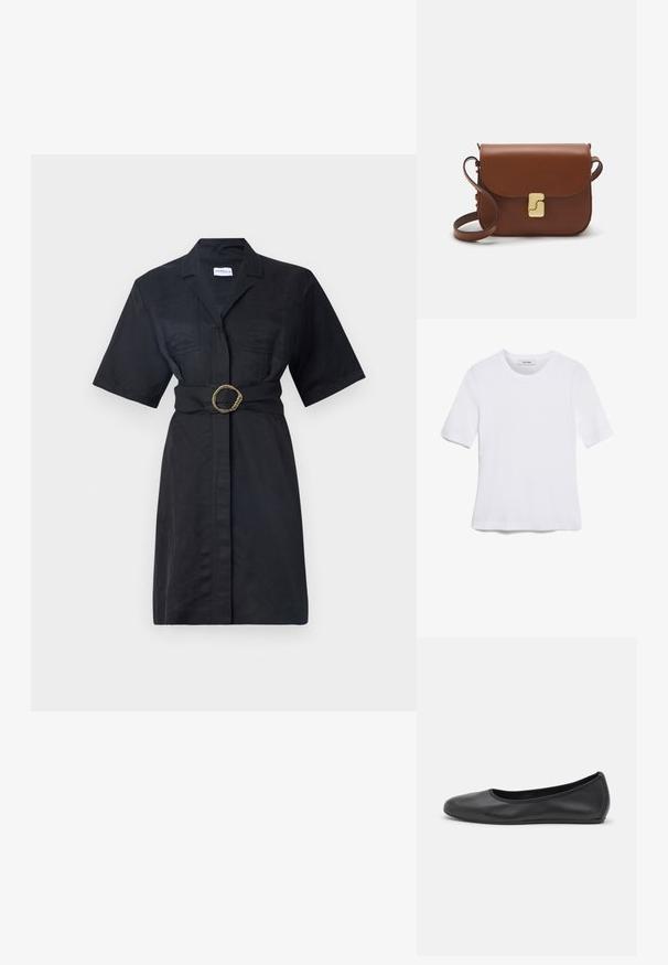 Must mustriba mustriba, miselgedi lühikeste varrukatega, esipocketitega, vöödega kullatoonilise keeratud rõngaga ja nööpide ees.; Valge lühikeste varrukatega T-särk ribatud kangast. Ümara kaelusega, tavalisest sobivusest ja peente õmbluse detailidega. Ilma mustrite või graafikateta.; Musthave mustika tantsutossud mustast nahast, ümmarguse varbaga, siledast tekstuurist, minimaalse õmblusdetailiga ja paindliku tallakujundusega.; Pruunist nahast käekott, millel on klapiga sulgur, kuldne riistvara, õlarihm ja sile tekstuur. Kompaktne ristkülikukujuline vorm.