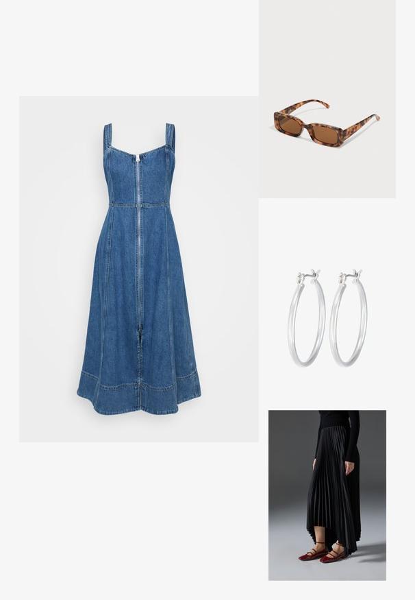 GAP Petite FIT N FLARE PITNEY - Farkkumekko - medium wash; Musta pleatattu hame, jossa on korkea-matala helma, yhdistettynä kiiltäviin punaisiin ballerinoihin, joissa on nauhasuunnittelu. Kangas on sileä.; Aurinkoaurinkolasit kilpikonnakuosisilla, suorakulmaisilla ruskeilla linsseillä, paksulla kehysrakenteella ja ohuilla varsilla, joissa on vaihtelevaa ruskean sävyä.; Hope-silver rengas, joissa on sileä ja kiillotettu pinta. Pyöreä muoto ja turvallinen napsautettava lukitus. Kevyt muotoilu sopii päivittäiseen käyttöön.