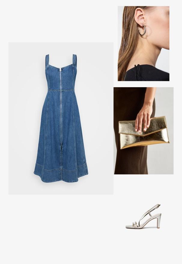 GAP Petite FIT N FLARE PITNEY - Rochie din denim - medium wash; Sandalie cu toc înalt, metalice, argintii, cu vârful deschis, având trei bretele subțiri peste picior și o bretea pentru gleznă cu cataramă.; Geantă de mână metalică aurie cu o textură netedă, având un închizător în formă de triunghi. Mâna care o ține are unghii frumos îngrijite.; Cercel din argint cu un finisaj polișat, având detalii mici din aur și o formă rotundă, purtat pe lobul urechii.