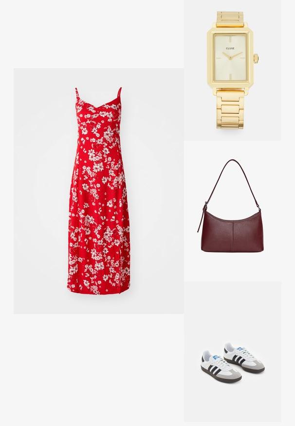 Rotes Midikleid mit weißen Blumenmustern, V-Ausschnitt, verstellbaren Trägern und einer strukturierten Stoffoberfläche.; Sportschuhe mit einem Obermaterial aus weißem Leder, grauer Wildleder-Zehenkappe und drei schwarzen Streifen. Sie verfügen über ein blaues Logo auf der Zunge und eine strukturierte Gummisohle.; Bordeauxfarbene Ledertasche mit geschwungener Form, einem einzigen Schulterriemen und gesteppten Details in der Mitte. Glatte Textur, minimales Zubehör.; Goldfarbene rechteckige Armbanduhr mit minimalistischem Design, ausgestattet mit einem cremfarbenen Zifferblatt, goldenen Zeigern und einem Gliederarmband aus Metall. Die Markierungen umfassen den Markennamen.