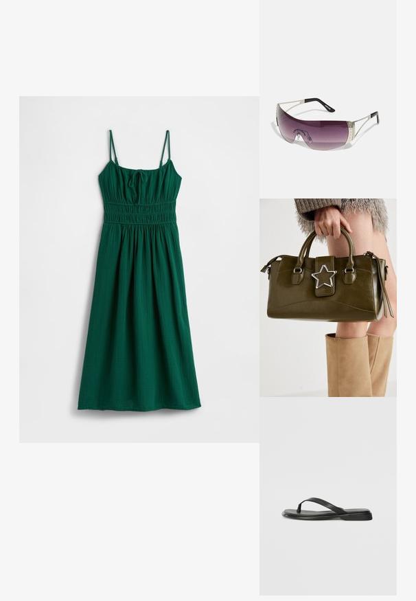 Grünes, ärmelloses Kleid mit geraffter Taille, gefertigt aus strukturiertem Stoff. Mit verstellbaren Trägern und einem entspannten, fließenden Schnitt.; Schwarze Flip-Flops aus glattem Leder, mit einem dünnen Riemendesign und einer flachen Sohle mit minimalem Profil. Keine bemerkenswerten Muster oder Akzente.; Sonnenbrille mit großem, gewölbtem lila Objektiv, silbernen Metallelementen und schwarzen Bügeln mit einem Logo. Strukturelle Details am Gestell sind sichtbar.; Olivgrünes Kunstlederhandtasche mit silbernem Sternakzent, doppelten Griffen und einem Reißverschluss. Strukturierten Form und texturierten Oberfläche.