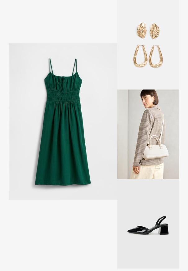 Green, sleeveless dress with a smocked waist, made of textured fabric. Features adjustable straps and a relaxed, flowing silhouette.; Black patent leather slingback heels with a pointed toe and a geometric block heel. Features a sleek, minimal design and smooth texture.; White structured handbag with short handles and a shoulder strap, featuring gold hardware accents and textured material, displayed against a grey background.; Gold-tone earrings featuring textured, wavy shapes. Includes sculptural clip-on studs and open hoop design with a hammered finish.