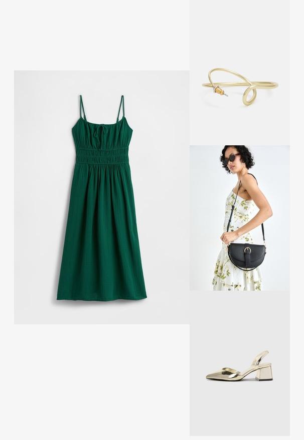 Grünes, ärmelloses Kleid mit geraffter Taille, gefertigt aus strukturiertem Stoff. Mit verstellbaren Trägern und einem entspannten, fließenden Schnitt.; Goldene, metallische Slingback-Absätze mit spitzem Zeh und dicker Ferse. Glatte Textur, minimalistisches Design und ein schmaler Riemen.; Schwarze Lederhandtasche mit geschwungener Form, abnehmbarem Tragegurt und goldenen Beschlägen. Die Tasche verfügt über einen Deckel mit einer Schnallen-Details.; Goldfarbener Metallarmreif mit fließendem, geschwungenem Design. Er verfügt an einem Ende über einen kleinen, auffälligen, silberfarbenen Akzent.