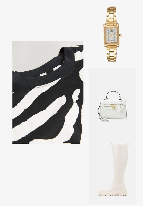 Zwarte t-shirt met een gedurfde witte zebrapatrroon, ronde halslijn, korte mouwen en een zachte katoenen textuur.; Kniehoge witte rubberlaarzen met een stevige zool en elastische zijpanelen. Voorzien van trekhaken aan de bovenkant voor gemakkelijker aan- en uittrekken. Glad textuur.; Witte handtas met krokodillenstructuur, gouden hardware, bovenhandvat en afneembare schouderband; beschikt over een slotvergrendeling en een minimalistisch ontwerp.; Gouden rechthoekige polshorloge met een witte wijzerplaat, zilverkleurige uurmarkeringen en een duurzame metalen schakelarmband. Inclusief waterdichte functie.