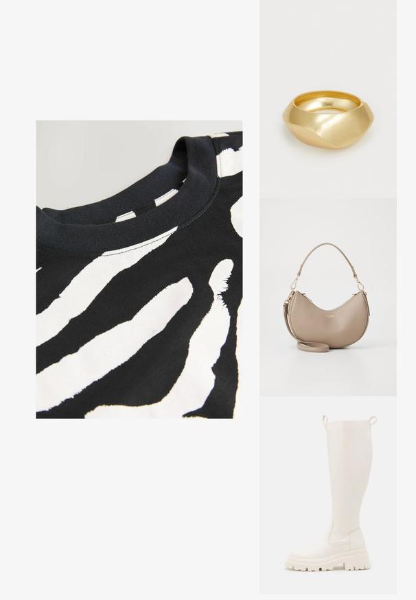 Svart t-shirt med ett djärvt vitt zebrastripesmönster, rund halsringning, korta ärmar och mjuk bomullstextur.; Knee-high vita gummistövlar med en kraftig sula och elastiska sidor. Har dragremmar på toppen för enklare påtagning. Slät yta.; Beige halvmåneformad läderhandväska med dragkedja upptill, avtagbar axelrem och guld "Lacoste Paris"-logotyp framtill.; Guldmetallring med en slät, rundad design och en polerad yta. Har en organisk form, är bred i mitten och avsmalnar mot kanterna.