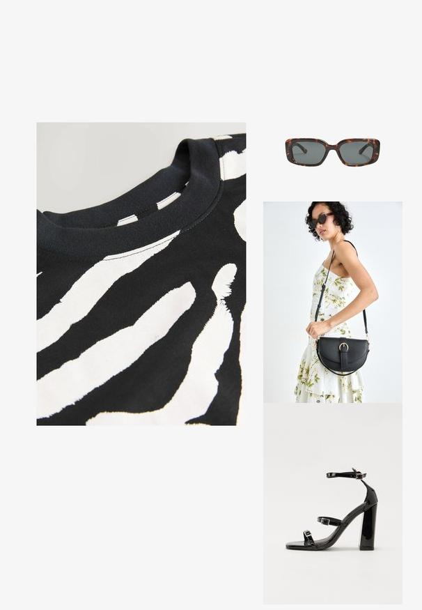 T-shirt noir avec un motif de rayures zébrées blanches audacieux, encolure ronde, manches courtes et texture en coton doux.; Sandales à talons vernies noires avec un bout carré, des sangles autour de la cheville et des boucles en argent. Dotées d'un talon bloc épais pour plus de stabilité.; Lunettes de soleil en écaille de tortue avec des verres rectangulaires, monture épaisse et verres teintés foncés. Texture lisse et design minimaliste.; Sac à main en cuir noir avec une forme courbée, bandoulière amovible et des accessoires en or. Le sac est doté d'un rabat avec un détail de boucle.