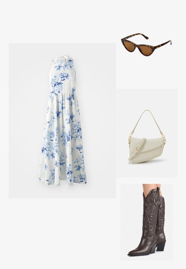 Vestido blanco sin mangas tipo halter con estampado floral azul, cintura entallada y falda larga y fluida hasta los tobillos.; Botas de vaquero de cuero marrón con punta afilada y tacón cuadrado, que presentan costuras detalladas y acentos elevados en el caño.; Gafas de sol estilo ojo de gato con montura de carey negra y naranja, lentes marrones y puntas elegantes y afiladas. Presenta un logo minimalista en la patilla.; Pequeño bolso de mano crema con un acabado texturizado, una correa larga y ajustable, un acento de cadena y cierre de solapa. Detalles en hardware dorado.
