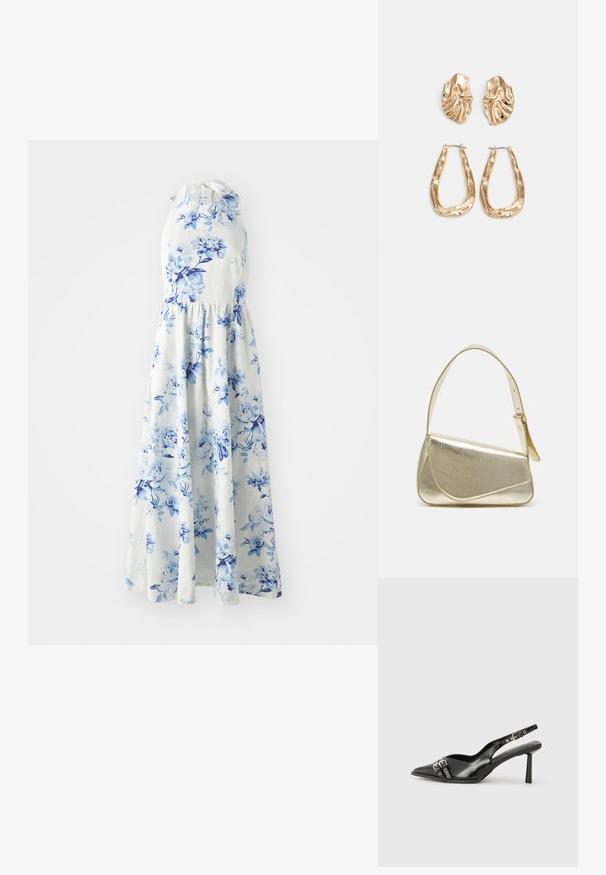 Hvit ermeløs halterkjole med blå blomstertrykk, tettsittende midje og flytende ankel-length skjørt.; Sorte patentlær slingback-sko med spiss tå, ankelremmer med sølvspenner og detaljer, og en slank hæl.; Gullfarget metallisk håndveske med en strukturert design, glatt tekstur og justerbar stropp. Har en unik trekantet form og minimalistisk søm.; Gullfargede øredobber med teksturerte, bølgete former. Inkluderer skulpturelle klipsstuds og åpen hoop-design med en hamret finish.