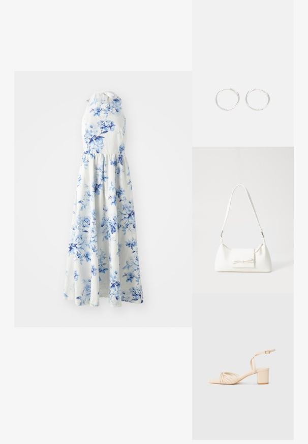 Weißes, ärmelloses Halterkleid mit blauem Blumenmuster, tailliert in der Mitte und einem fließenden knöchellangen Rock.; Beige Riemensandalette mit quadratischer Zehenpartie, gedrehtem Vorderdesign, Knöchelriemen und Blockabsatz. Glatte Textur, minimalistischer Stil.; Weiße synthetische Handtasche in dreieckiger Form, flache Vorderklappe und Schleifendetail, verstellbarer Trageriemen, glatte Textur und minimalistisches Design.; Silberne Creolen mit einem schlanken, runden Design, das eine glatte Oberfläche und keine sichtbaren Verzierungen aufweist. Durchmesser nicht angegeben.