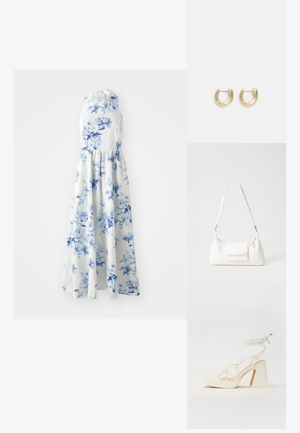 Valge ilma varrukateta kaelusekleit siniste lillede mustriga, sobiv talje ja voolav pahkluuni pikk seelik.; Valged kõrge kontsaga sandaalid, millel on paks konts ja rihmadega disain koos pahkluu sidumisega. Sile tekstuur ja platvorm ees, et lisada kõrgust.; Valge sünteetilisest materjalist kott kolmnurkse kujuga, lame esiklapiga ja kaaredetailiga, reguleeritava rihmaga, sileda tekstuuriga ja minimalistliku disainiga.; Kuldkattega rõngaskõrvarõngad sujuva, poleeritud viimistlusega. Omavad poolringikujulist vormi ja turvalist postikinnitust.