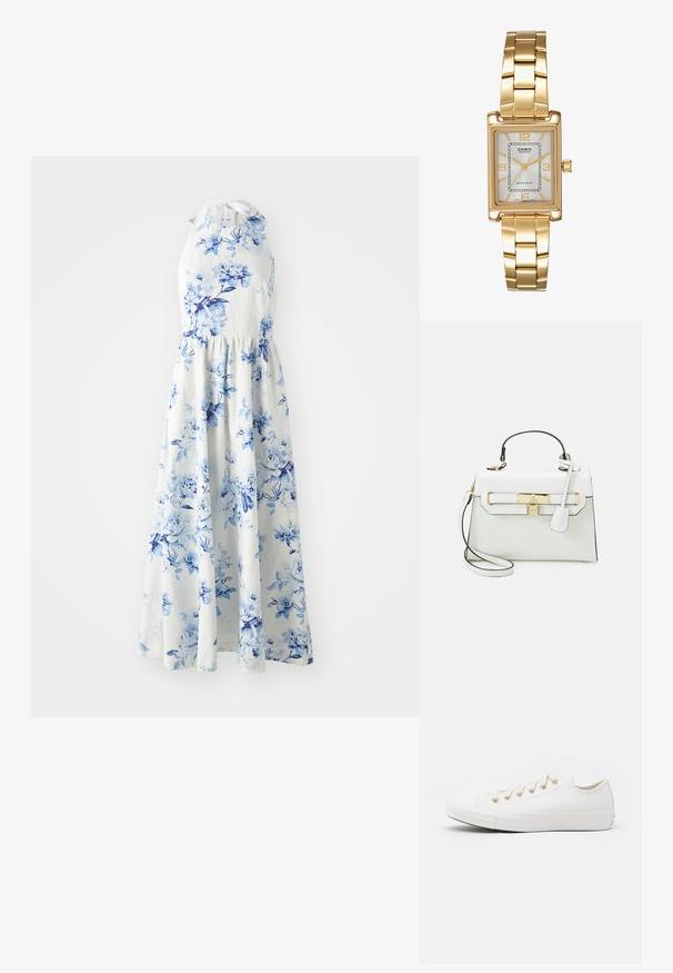 Fehér ujjatlan, nyakba akasztható ruha kék virágmintával, karcsú derékkal és légies, bokáig érő szoknyával.; Converse CHUCK TAYLOR ALL STAR - Sportcipő - vintage white/light gold; Fehér kézitáska krokodilbőr textúrával, arany hardware-rel, felső fogantyúval és levehető vállpánttal; zárható fedéllel és minimalista dizájnnal rendelkezik.; Aranyszínű, téglalap alakú karóra fehér számlappal, ezüstszínű óránymarkerekkel és strapabíró fém láncszíjjal. Vízálló funkcióval rendelkezik.