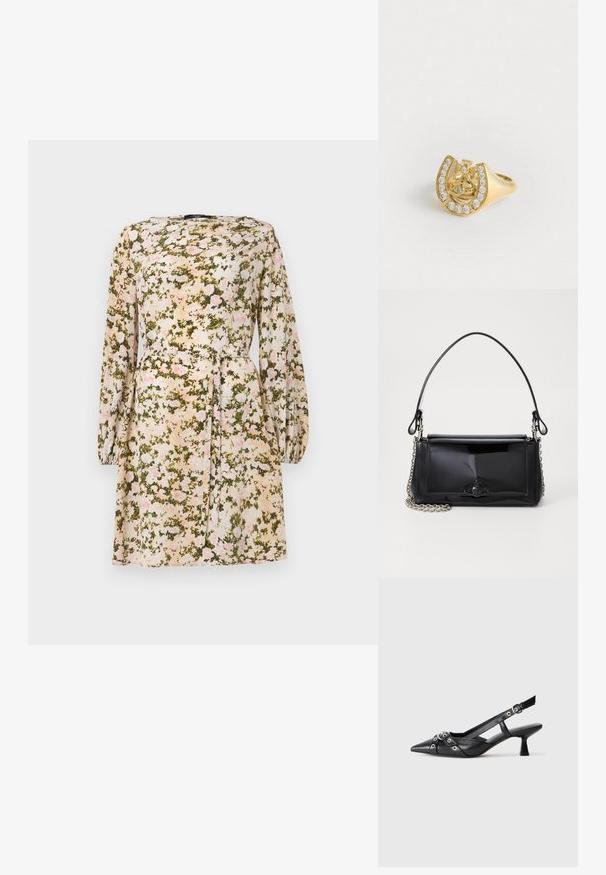 Vestido floral de tejido ligero, con una base crema y un patrón floral en rosa y verde, manga larga y un detalle de cintura anudada.; Zapato de slingback negro de piel con punta afilada, correas decorativas con ojales de metal y un tacón bajo y ancho. Superficie texturizada.; Bolso de mano de charol negro con forma rectangular, correa de cadena y un acento de hardware distintivo en el centro. Textura suave.; Anillo de oro con un diseño de corona dentro de un herradura, decorado con pequeñas piedras preciosas transparentes, sobre un fondo blanco.