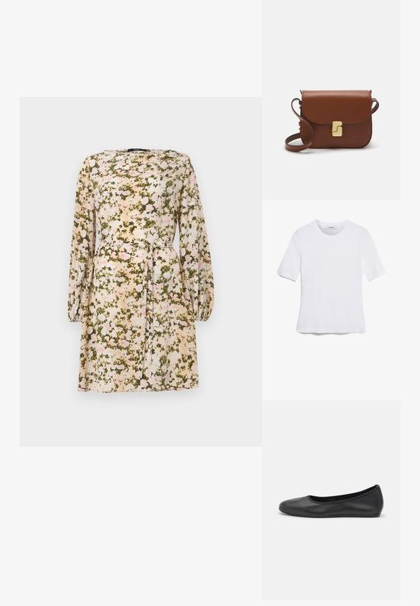 Cvečni plašč v lahkem materialu, z vanilijevo osnovo in rozastimi ter zelenimi cvetličnimi vzorci, dolgimi rokavi in detajlom zavezane pasu.; Bela kratka majica s kratkimi rokavi iz rebrastega materiala. Okrogla ovratnica, običajen kroj in subtilni šivi. Brez vzorcev ali grafik.; Črne usnjene balerinke z zaobljenim nosom, gladko teksturo, minimalnimi šivi in fleksibilno zasnovo podplata.; Rjava usnjena torbica s poklopcem, zlato obarvani okovi, naramnica in gladka tekstura. Kompaktna pravokotna oblika.