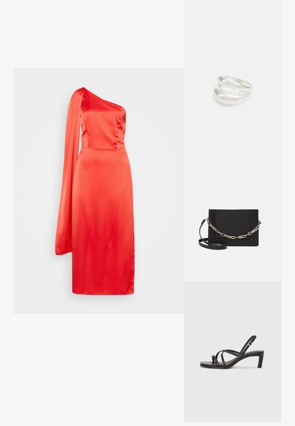 Sarkanais satīna kleita ar vienu plecu, pieguļošu augšējo daļu un plūstošu garu piedurkni. Gluda tekstūra ar ceļgala garuma apakšmalu, minimālisma dizains.; Melnas strappy sandales ar kvadrātveida purngaliem un zemu bloku papēdi. Ievērojamas ar vairākiem plāniem siksniņām un regulējamu potītes siksniņu. Izgatavotas no gludas ādas.; Melna ādas crossbody soma ar gludu faktūru, taisnstūrveida formu un metalizētu ķēdes detaļu priekšā. Iekļauta regulējama siksna.; Sudraba divu joslu gredzens ar gludu, pulētu virsmu. Iezīmējas ar plūstošu, izliekta dizaina struktūru ar pārklājošām sekcijām modernam izskatam.
