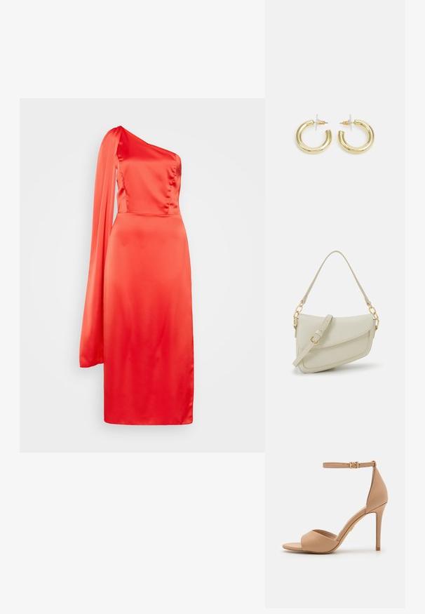 Vieno peties raudonas satino suknelė su prigludusia liemenėle ir laisvu ilgu rankovu. Sklandžią tekstūrą su kelių ilgio kraštu, minimalistinio dizaino.; ALDO CRERIDE PILLOW WALK - Sandalai - beige; Mažas kreminis rankinukas su tekstūruotu paviršiumi, ilga reguliuojama juostele, grandinėle ir užsegimu su atvartu. Aukso detalės.; Aukso auskarai su lygiu, blizgiu paviršiumi. Apvalus dizainas su maža užrakto dalimi ir skaidria atrama saugiam nešiojimui.
