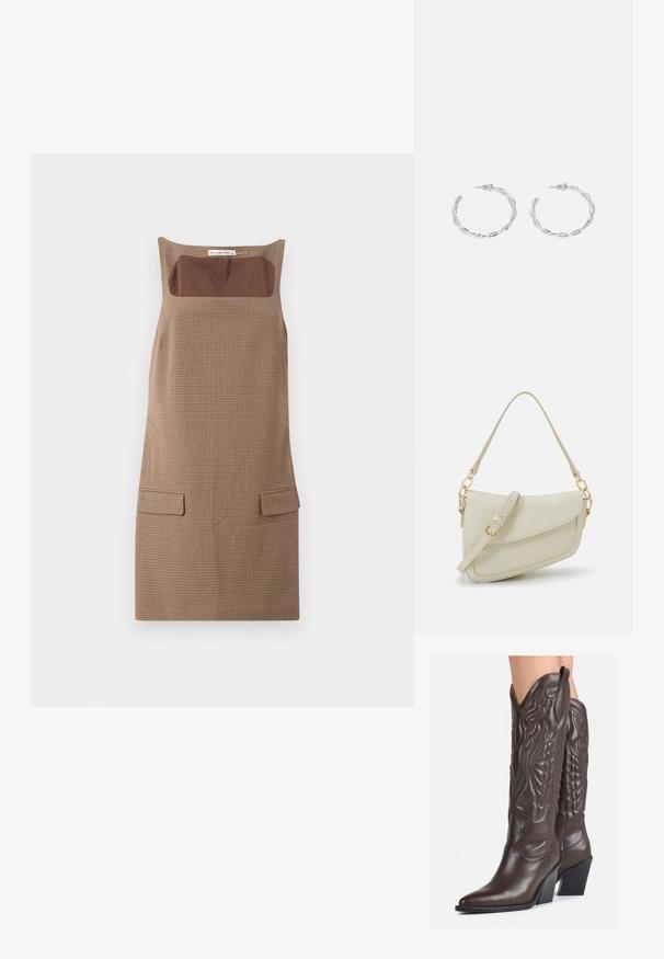 Smeđi haljina bez rukava s kariranim uzorkom, s kvadratnim izrezom, koja ima smeđi čvrsti umetak i dva prednja džepa.; Smeđe kožne kauboj čizme s šiljastim vrhom i blok-potpeticom, s detaljno izvezenim šavovima i uzdignutim naglascima na okovu.; Mala krem torbica s teksturiranim finišom, dugačkim podesivim remenom, lančanim detaljem i preklopom. Zlaćani hardver.; Srebrne naušnice s obručima i uvijenim dizajnom, s poliranim završetkom i pričvršćivanjem na stražnjoj strani. Mjere otprilike 3 cm u promjeru.