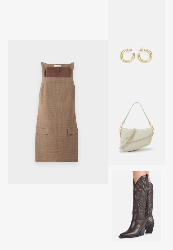 Pruunide ruutudega voodri ja kinnitusega suvekleit, millel on ruudukujuline kaelus, pruuni tahke kangaga sisetükid ning kaks eesmist taskut.; Pruunid nahast cowboy saapad terava varbaga ja plokk-kandaga, millel on detailne tikand ja kergelt tõstetud aktsendid varrel.; Väike kreemjas käekott tekstureeritud viimistlusega, pikendatav rihm, ketiläbimõõt ja klapiga sulgemine. Kuldsed metalldetailid.; Kuldne rõngassõrmused sileda ja läikiva viimistlusega. Ringikujuline disain, millel on väike post ja selge tagumine külg, et tagada kindel kandmine.