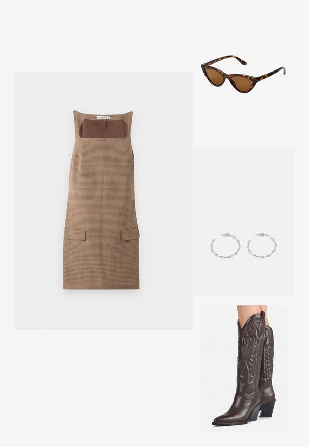 Rochie fără mâneci cu un motif în carouri maronii, având un decolteu pătrat, cu un insert de material solid maroniu și două buzunare frontale.; Bocanci de cowboy din piele maro, cu vârf ascuțit și toc pătrat, având cusături detaliate și accente ridicate pe tijă.; Ochelari de soare în stil cat-eye, cu o ramă din material cu tortoiseshell negru și portocalie, lentile maro și vârfuri elegante, ascuțite. Prezintă un logo minimal pe brățara ochelarilor.; Cercei din argint cu un design torsadat, având un finisaj lucios și închidere cu tijă. Au un diametru de aproximativ 3 cm.