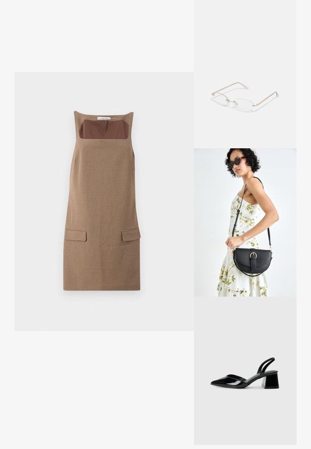 Bruin geruite mouwloze jurk met een vierkante halslijn, met een bruin effen stofinzet en twee voorzakken.; Zwarte gepatineerde leren slingback hakken met een spitse neus en een geometrische blokhak. Kenmerkt zich door een slank, minimalistisch ontwerp en een gladde textuur.; Gouden metalen bril met ovale lenzen, slanke armen en transparante neus pads. Heeft subtiele scharnieraccenten en transparante lenzen.; Zwarte leren handtas met een gebogen vorm, afneembare schouderband en gouden hardware. De tas heeft een klep met een gespsluiting.