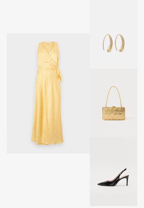 Kollane mähkmekleit, mis on valmistatud siledast kangast, V-kaelusega, ilma varrukateta ja sidumisvööd sisaldav. Kerge mustriga tekstuur üle kogu.; Must hõbedavärvi patendiga slingback kontsakingad terava varbaga, kitsas konts ja peene lõikega disain. Statistika on kuldne pandla rihmal.; Kullatud kaunistustega kott ristküliku kujuga, millel on keeratud ahelast käepide ja metallist lukuga sulgur, peegeldades valgust tekstuurse viimistlusega.; Kuldtoonilised metallist rõngas kõrvarõngad, millel on kõver ja piklik kuju. Omavad siledat, läikivat pinda ja ümarat tipptugevdust, mis lisab detaili.