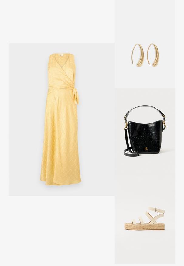 Robe portefeuille jaune en tissu lisse, avec un décolleté en V, sans manches, et une ceinture à nouer. Texture subtilement texturée sur l'ensemble.; Sandale espadrille en cuir beige clair avec quatre brides croisées et une boucle à la cheville, dotée d'une semelle en jute tissée et d'un fond en caoutchouc plat.; Sac en cuir noir à motif crocodile, de forme courbée, avec des accents en métal doré, une bandoulière ajustable et un détail de logo à l'avant.; Boucles d'oreilles en métal doré en forme d'anneau, avec une forme courbée et allongée. Elles présentent une surface lisse et brillante avec une pointe arrondie pour un détail supplémentaire.